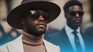 Stylish Black man in sunglasses and a wide-brimmed hat standing confidently, with another man blurred in the background. Represents leadership, self-assurance, and clarity of direction.